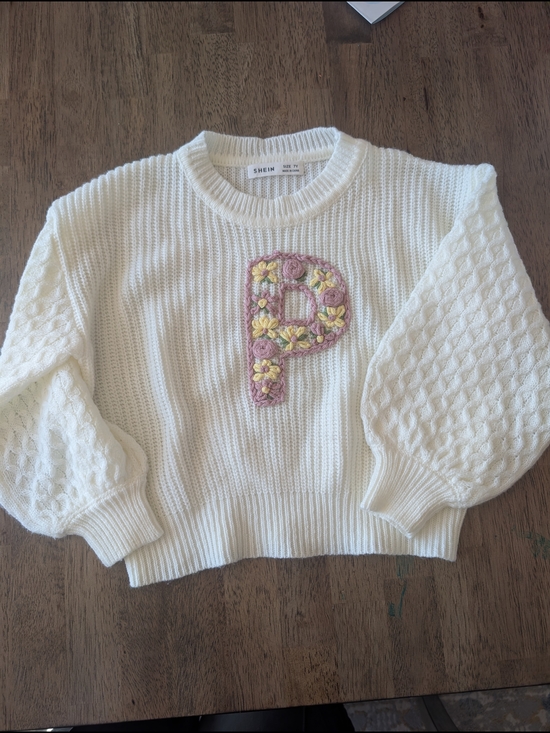 SHEIN Other - Cream Knit Sweater with Pink and Yellow Floral Patch Letter "P"